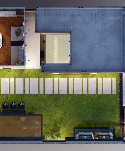 The master plan for a luxurious terrace in East Punjabi Bagh. This top-down 2D render shows the complete layout, including multiple seating zones, a bar, a lawn, and pathways, demonstrating our meticulous planning process.