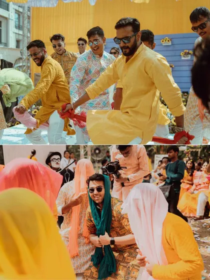 A collage showing the groomsmen and guests dancing with abandon at the Haldi party. It's all about capturing the collective joy and celebration.