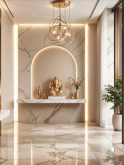 An elegant foyer with a backlit marble arch framing a Ganesha idol. The design is clean, spiritual, and full of light.