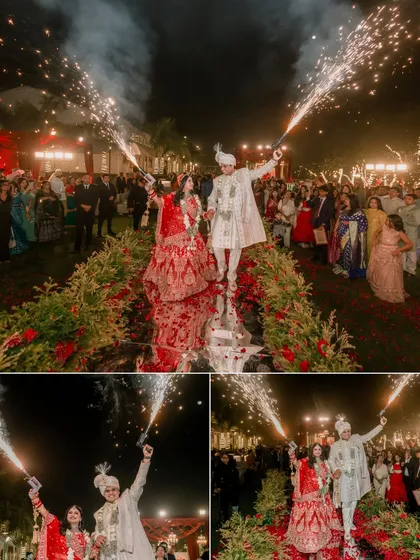 A collage capturing the couple's grand exit, holding sparklers as they walk down an aisle lined with flowers, a truly cinematic moment.