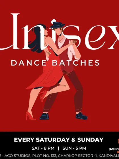 Our poster for unisex dance batches, where we teach a variety of styles every weekend at our Kandivali West studio. From Bollywood to Salsa, there's something for everyone.