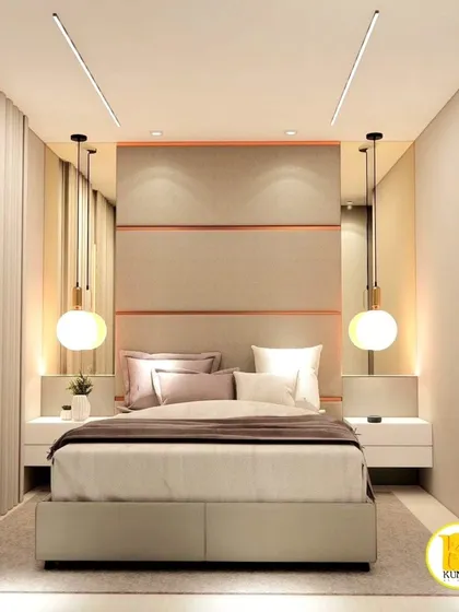 A front view of the bed, showcasing the symmetrical design and the beautiful pendant lights.