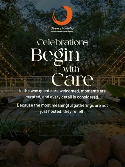 We create celebrations that begin with care, set in spaces designed to bring people together. This serene, nature-inspired setting with its charming bridge and ambient lighting is perfect for intimate gatherings and meaningful moments.