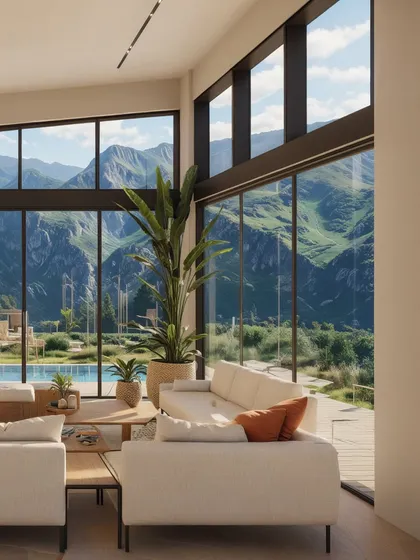 We designed the living space with large glass walls to maximize the incredible mountain views. The furniture is low-profile and neutral, ensuring nothing distracts from the landscape.