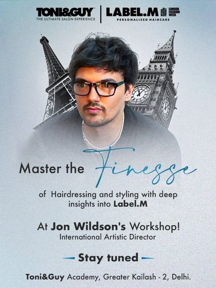 An announcement for an exclusive workshop with International Artistic Director Jon Wilsdon. This graphic highlights the opportunity to master the finesse of hairdressing and gain deep insights into the Label.M product line.
