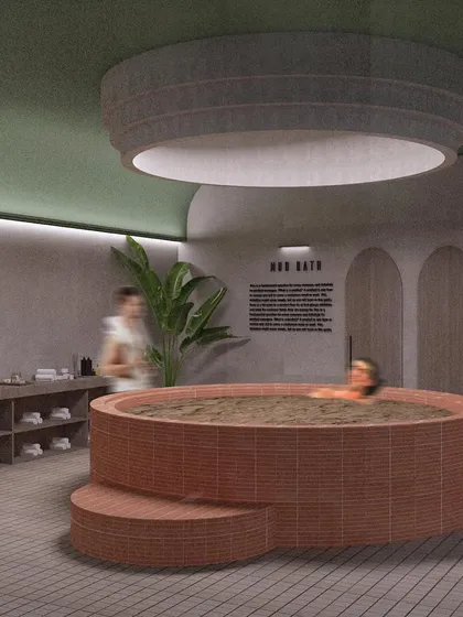 An immersive mud bath installation designed for a wellness space. This concept focuses on a pure sensory experience, using earthy terracotta, soft curves, and gentle lighting to create a space for grounding and restoration.
