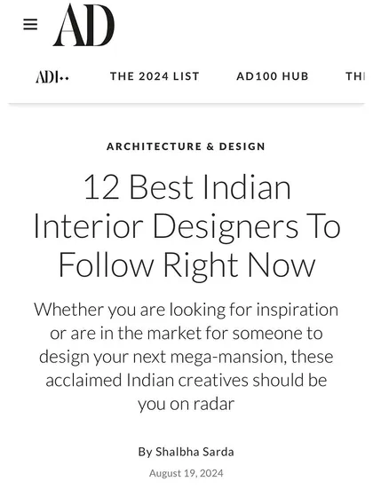 The headline from the AD Middle East feature, listing us among the '12 Best Indian Interior Designers To Follow Right Now.'