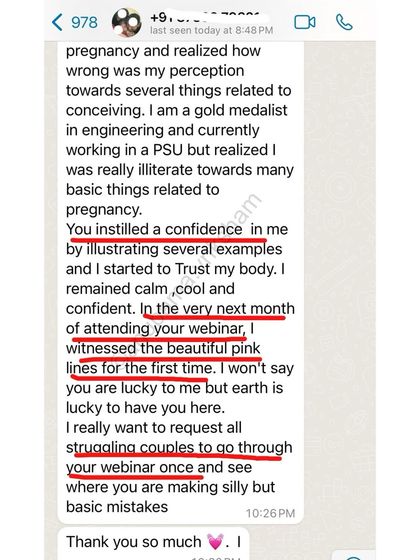 This student, a gold medalist in engineering, realized she was "illiterate" about pregnancy basics. My webinar gave her the confidence to conceive the very next month.