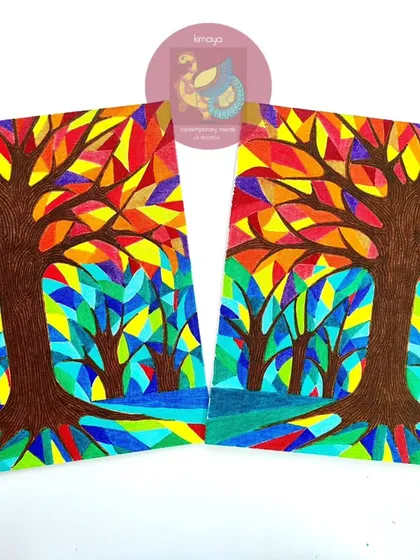 My contemporary "Tree of Life" series is a personal exploration of life's colorful and complex journey. This pair, with their stained-glass effect and rich, contrasting colors, represents the beauty of connection and makes a meaningful gift.
