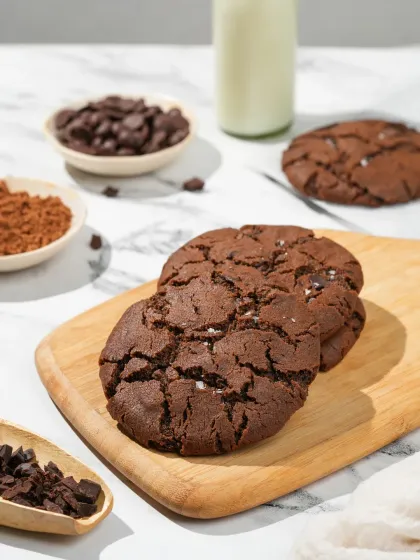 Dark chocolate cookies styled on a wooden board with ingredients like cocoa powder and chocolate chips. This setup communicates a rich, decadent flavor profile.