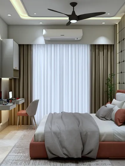 A view of the study nook and window area in the bedroom. The design is clean, simple, and makes the most of the available space and natural light.