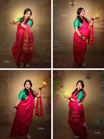 A collage showcasing various poses from a Ravi Varma-inspired shoot. It highlights the versatility and artistic detail that goes into creating these timeless traditional portraits.