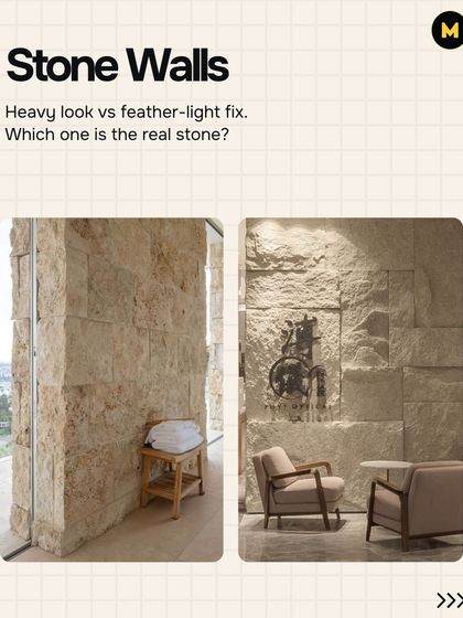 One of these is a heavy, real stone wall, and the other is a feather-light PU stone panel. The panel on the right gives you the same rustic look but is much easier and more affordable to install.