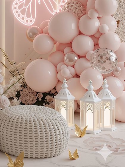 A detail shot focusing on the cozy seating area within a larger setup. The woven pouf, glowing Moroccan-style lanterns, and neon butterfly light create a perfect, intimate corner for guests to relax and take photos.