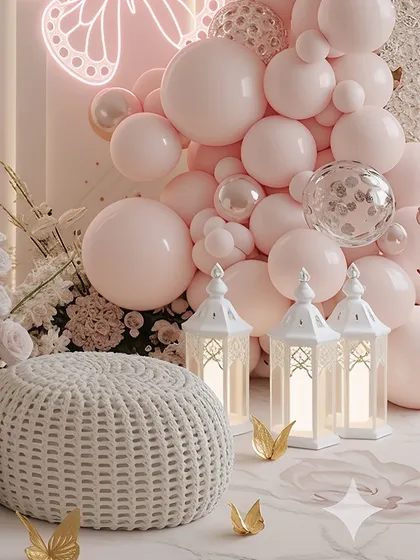 A detail shot focusing on the cozy seating area within a larger setup. The woven pouf, glowing Moroccan-style lanterns, and neon butterfly light create a perfect, intimate corner for guests to relax and take photos.