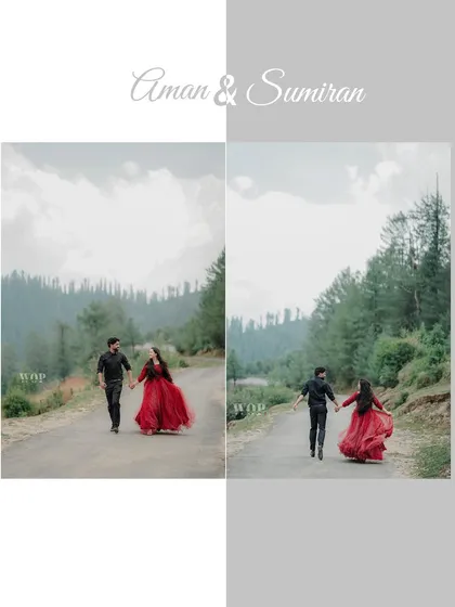 A diptych showing a couple running playfully down a mountain road, capturing their joyful energy and the freedom of being in the open landscape.