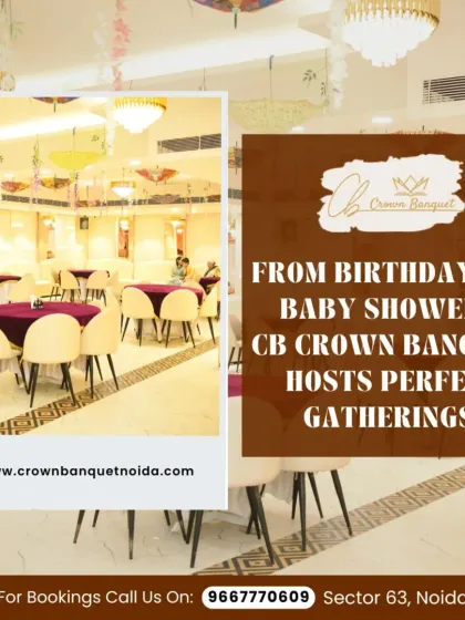 Our venue is perfect for intimate gatherings like baby showers. This setup shows our hall decorated with hanging umbrellas and round tables, creating a unique and charming atmosphere.