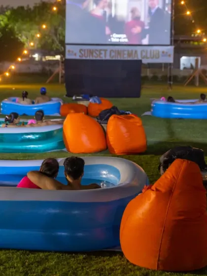 For those who want a truly unique and private movie night, we present our Bathtub Cinema. Get your own inflatable tub, relax with some drinks, and enjoy a film on the big screen from your own cozy, bubbly world.