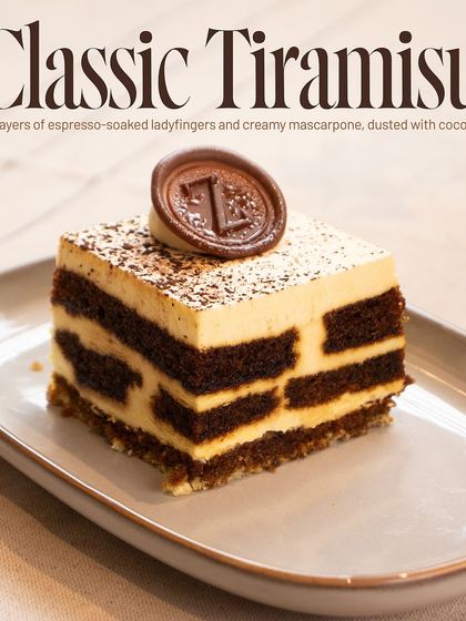 My Classic Tiramisu, elegantly presented and described with its key components: espresso-soaked ladyfingers, creamy mascarpone, and a dusting of cocoa.