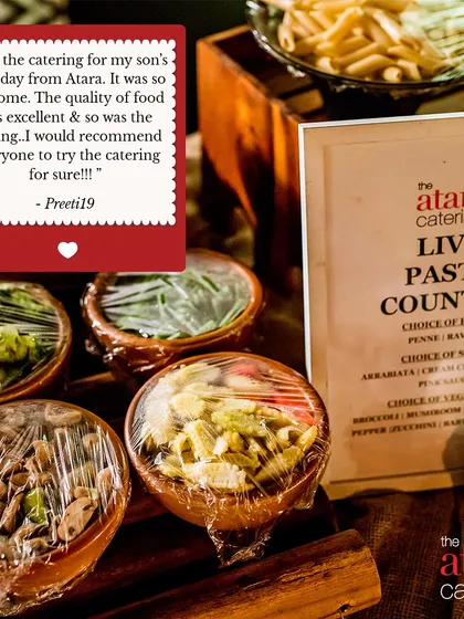 A client review praising our live pasta counter at her son's birthday party. The setup includes various fresh ingredients, all hygienically covered and ready for preparation.