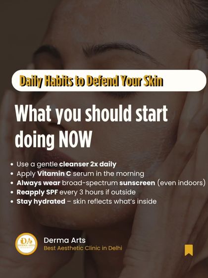 Daily habits to defend your skin. This graphic lists essential actions like using a gentle cleanser, applying Vitamin C, and wearing broad-spectrum sunscreen.