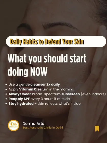 Daily habits to defend your skin. This graphic lists essential actions like using a gentle cleanser, applying Vitamin C, and wearing broad-spectrum sunscreen.