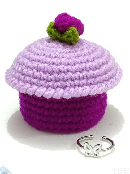 A close-up shot of the cupcake ring box, showing the texture of the crochet stitches.