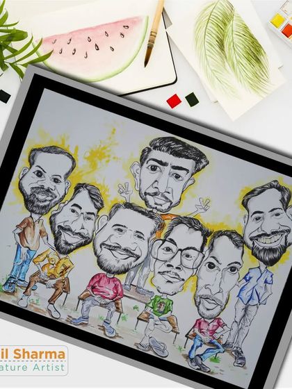 The digitally displayed version of the colored group caricature. This format is perfect for sharing online or for making high-quality prints.