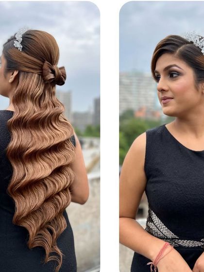 A real-world example of our training, this model showcases a beautiful half-up bow style with crimped waves.