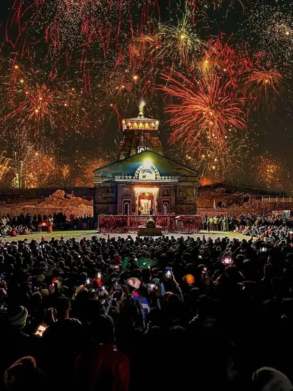 A truly magical moment at Kedarnath Temple during a fireworks display. Capturing this blend of spiritual devotion and celebration against the Himalayan backdrop was an unforgettable experience in pilgrimage photography.