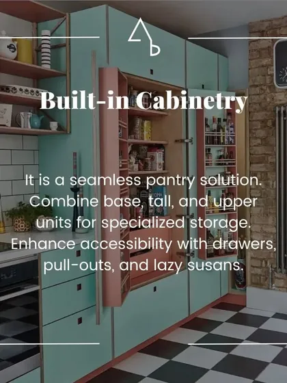 This post highlights built-in cabinetry as a seamless pantry solution, using pull-outs and drawers to enhance accessibility.