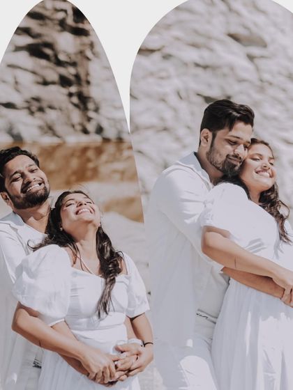A collage of a couple in white outfits, sharing joyful and affectionate moments at a scenic quarry.