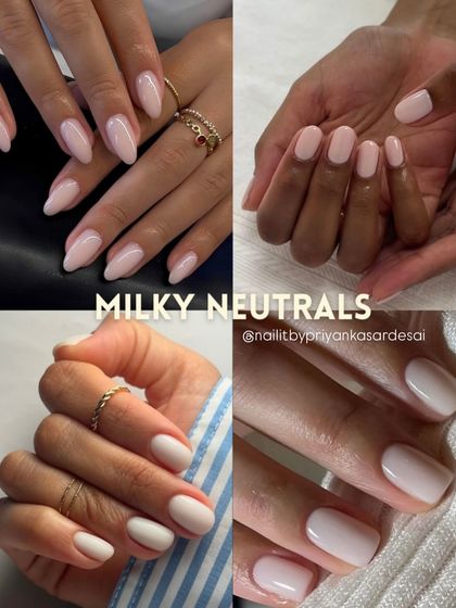 A collection of "Milky Neutrals," showcasing the popular trend of soft, semi-opaque white and pink shades that give a clean and sophisticated finish.