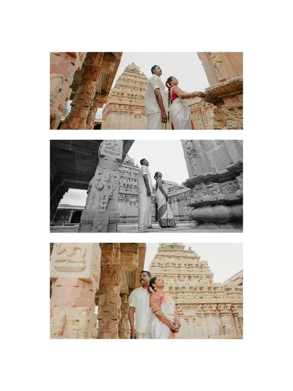 A triptych showing the couple from different angles against the temple's grand architecture. The inclusion of a black and white version adds a timeless and classic feel to the series.