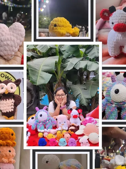 This collage shows me at my market stall, surrounded by a colorful variety of my handmade plushies. Come say hi and find your favorite cuddle buddy at my next pop-up.