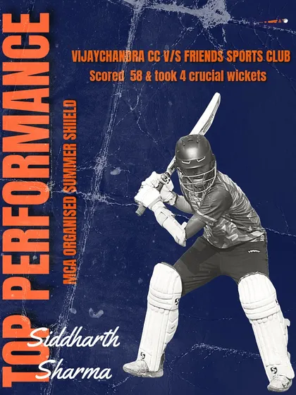 A top all-round performance from Siddharth Sharma in the MCA Summer Shield, scoring 58 and taking 4 wickets.