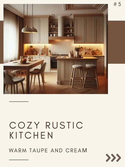A cozy, rustic kitchen can be created with warm taupe and cream. This earthy palette, combined with wood textures, results in a warm and inviting space.