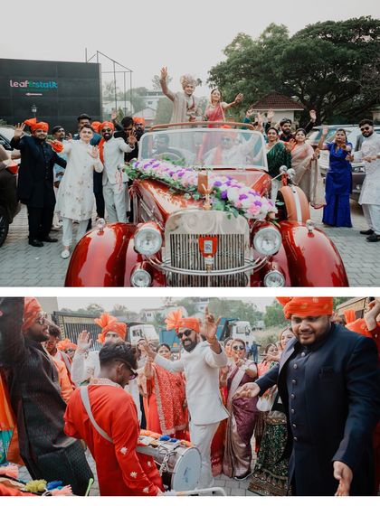 A collage showing the groom's arrival in a vintage car and the high-energy dancing of the baraat. We capture the entire festive procession.