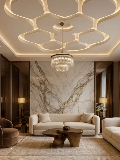 We created a stunning honeycomb pattern for this living room ceiling using raised gypsum panels. The integrated LED strips highlight the geometric shapes, adding depth and a futuristic feel that complements the luxurious interior decor.