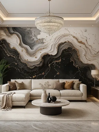 This wallpaper features a beautiful black and white marble design with flowing golden veins. It provides the timeless elegance of real stone with the ease of wallpaper.