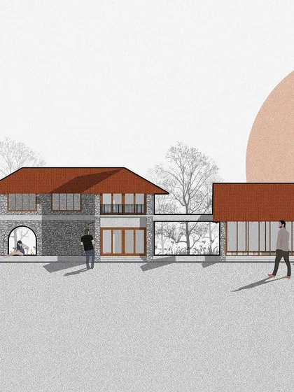 A conceptual elevation sketch for a farmhouse in Bidadi, exploring a blend of traditional sloped roofs and modern glass walls.