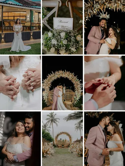 A beautiful collage summarizing a beachside engagement in Goa. It features everything from the ring exchange and romantic portraits to the stunning decor and emotional moments.