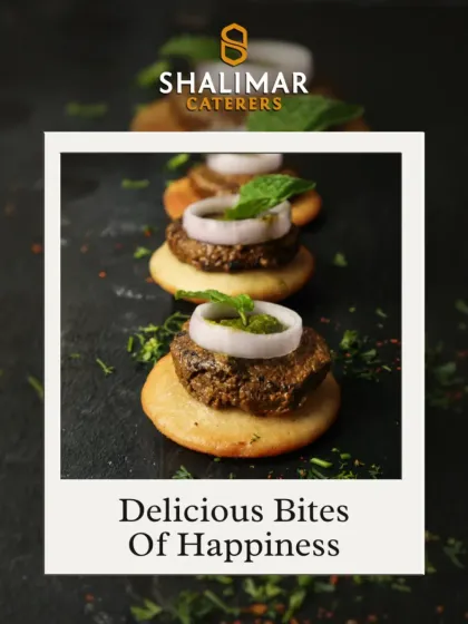 We serve delicious bites of happiness. These mini kebabs on a crisp base, topped with onion and mint, are the perfect one bite appetizer.