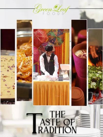 This collage represents "The Taste of Tradition." It features glimpses of our traditional Indian sweets, live counters, and classic preparations, celebrating our roots in authentic vegetarian cuisine.