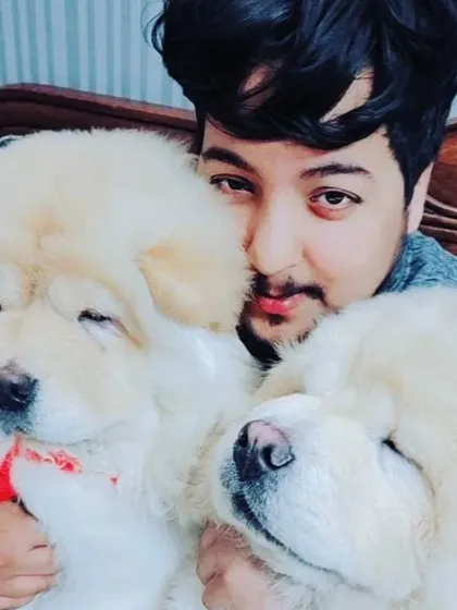 A staff member gets a fluffy cuddle from two Chow Chow dogs, Tesla and Stila. We are a paradise for all breeds, including these adorable furballs.