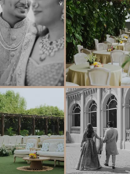 A collage of wedding details and ambiance. It showcases a black and white couple portrait, the elegant outdoor seating arrangement, and the couple walking hand-in-hand, capturing the overall vibe.