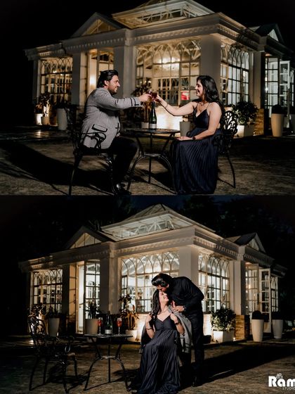 This collage captures a romantic evening at a beautiful glasshouse. From a celebratory toast to a tender embrace, it tells the story of a perfect pre-wedding date night.