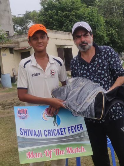 Ahaan proudly holding his Man of the Match award at the Shivaji Cricket Fever tournament. Consistent performances under pressure are what we train for.