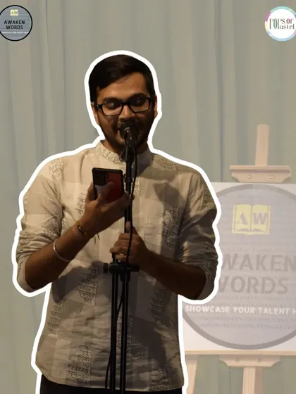 A poet deeply engrossed in his performance.