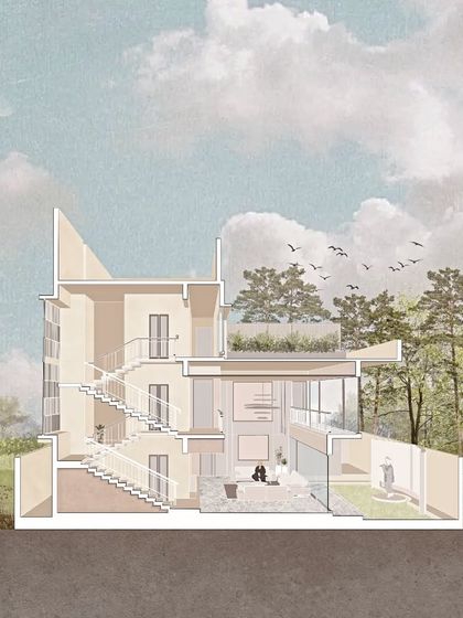 A sectional illustration of the Akiri Residence. This type of drawing is a storytelling tool, showing how the different levels of the home interact and connect to the outdoor environment.